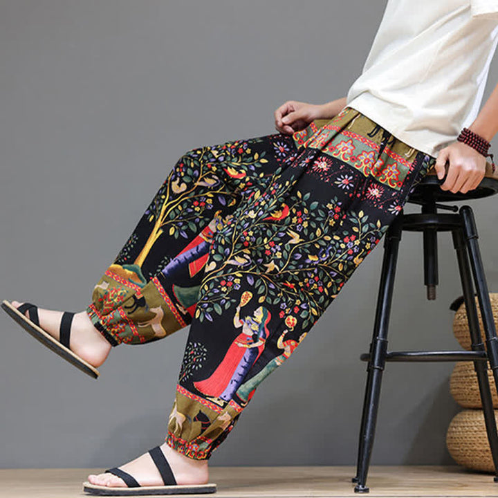 Buddha Stones Pantalon harem homme décontracté d'été, style bohème, à cordon de serrage, motif géométrique éléphant et feuilles, avec poches - image 37