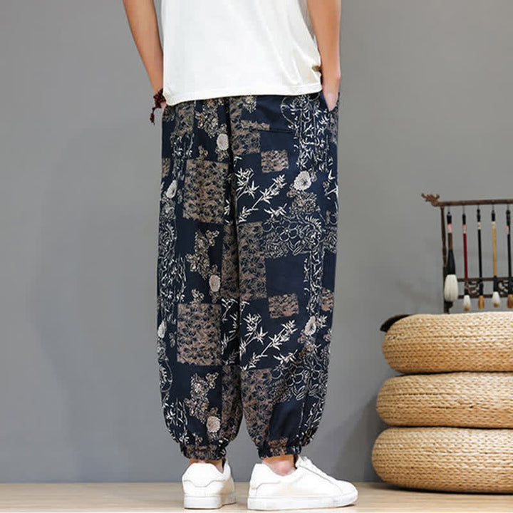 Buddha Stones Pantalon harem homme décontracté d'été, style bohème, à cordon de serrage, motif géométrique éléphant et feuilles, avec poches - image 18