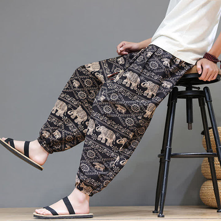 Buddha Stones Pantalon harem homme décontracté d'été, style bohème, à cordon de serrage, motif géométrique éléphant et feuilles, avec poches - image 29