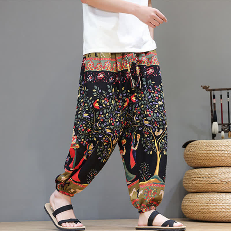Buddha Stones Pantalon harem homme décontracté d'été, style bohème, à cordon de serrage, motif géométrique éléphant et feuilles, avec poches - image 34