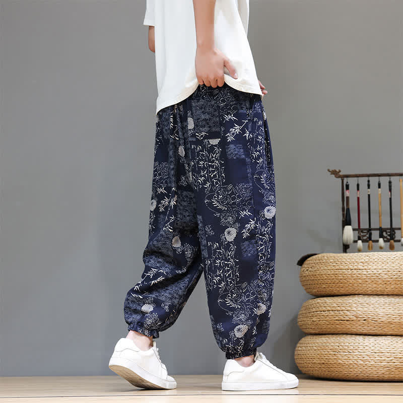 Buddha Stones Pantalon harem homme décontracté d'été, style bohème, à cordon de serrage, motif géométrique éléphant et feuilles, avec poches - image 3