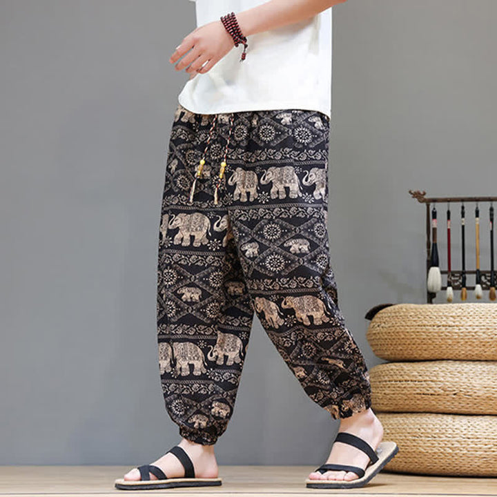 Buddha Stones Pantalon harem homme décontracté d'été, style bohème, à cordon de serrage, motif géométrique éléphant et feuilles, avec poches - image 28