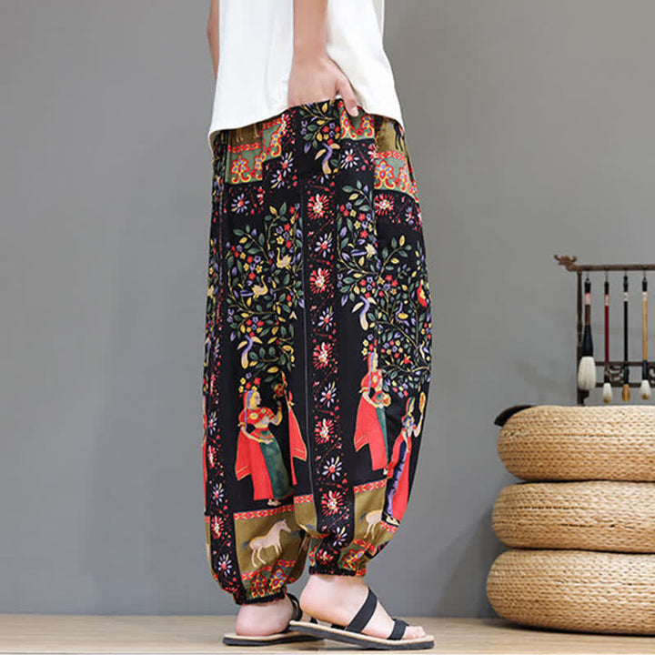 Buddha Stones Pantalon harem homme décontracté d'été, style bohème, à cordon de serrage, motif géométrique éléphant et feuilles, avec poches - image 33