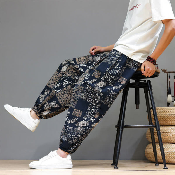 Buddha Stones Pantalon harem homme décontracté d'été, style bohème, à cordon de serrage, motif géométrique éléphant et feuilles, avec poches - image 20