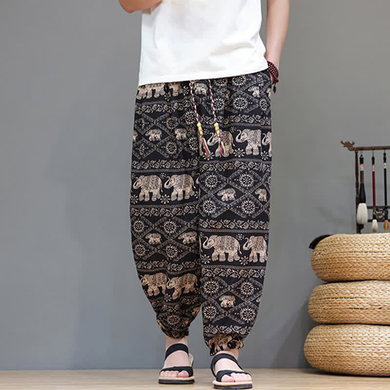 Buddha Stones Pantalon harem homme décontracté d'été, style bohème, à cordon de serrage, motif géométrique éléphant et feuilles, avec poches - image 25