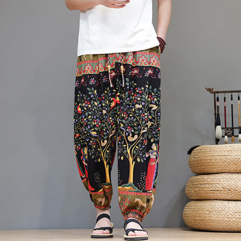 Buddha Stones Pantalon harem homme décontracté d'été, style bohème, à cordon de serrage, motif géométrique éléphant et feuilles, avec poches - image 32