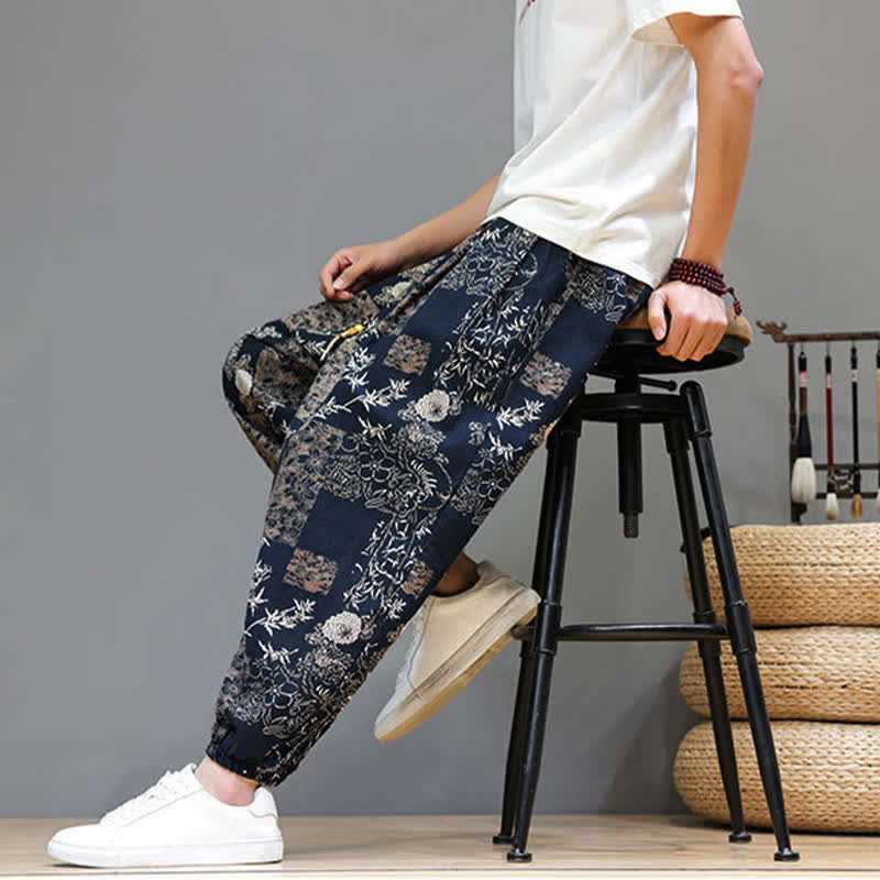 Buddha Stones Pantalon harem homme décontracté d'été, style bohème, à cordon de serrage, motif géométrique éléphant et feuilles, avec poches - image 17
