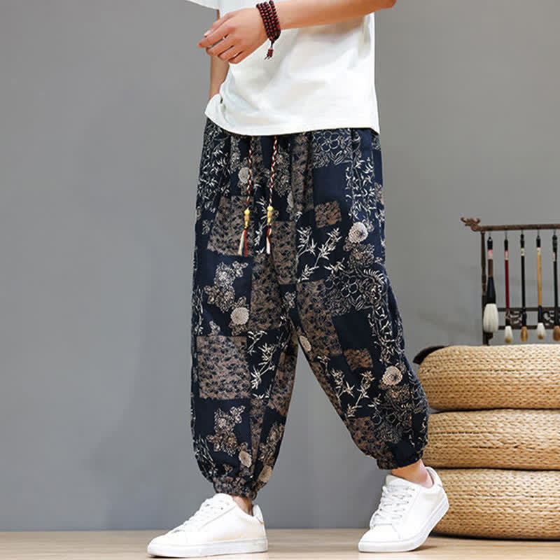 Buddha Stones Pantalon harem homme décontracté d'été, style bohème, à cordon de serrage, motif géométrique éléphant et feuilles, avec poches - image 16