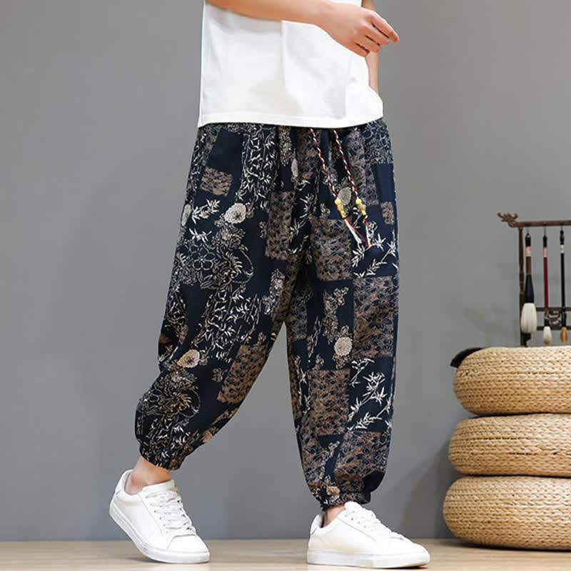 Buddha Stones Pantalon harem homme décontracté d'été, style bohème, à cordon de serrage, motif géométrique éléphant et feuilles, avec poches - image 19
