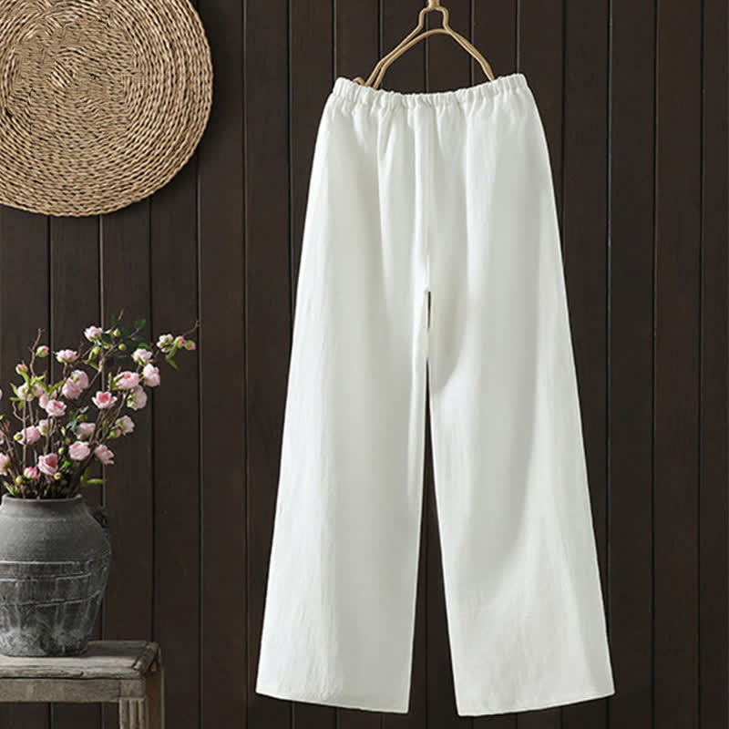 Buddha Stones Pantalon d'été minimaliste décontracté en coton et lin uni, coupe droite, avec cordon de serrage et poches. - image 1