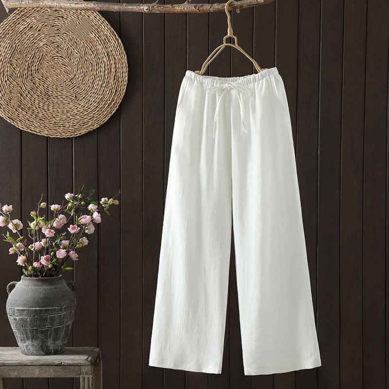 Buddha Stones Pantalon d'été minimaliste décontracté en coton et lin uni, coupe droite, avec cordon de serrage et poches. - Blanc - US8-10, UK/AU12-14, EU40-42 (2XL) - image 0