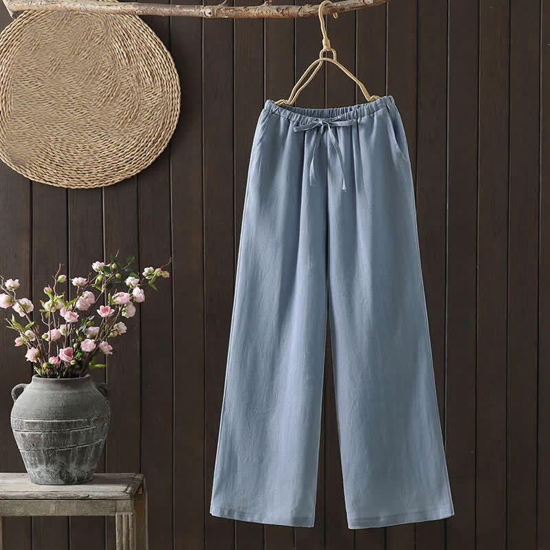 Buddha Stones Pantalon d'été minimaliste décontracté en coton et lin uni, coupe droite, avec cordon de serrage et poches. - Bleu clair - US8-10, UK/AU12-14, EU40-42 (2XL) - image 0