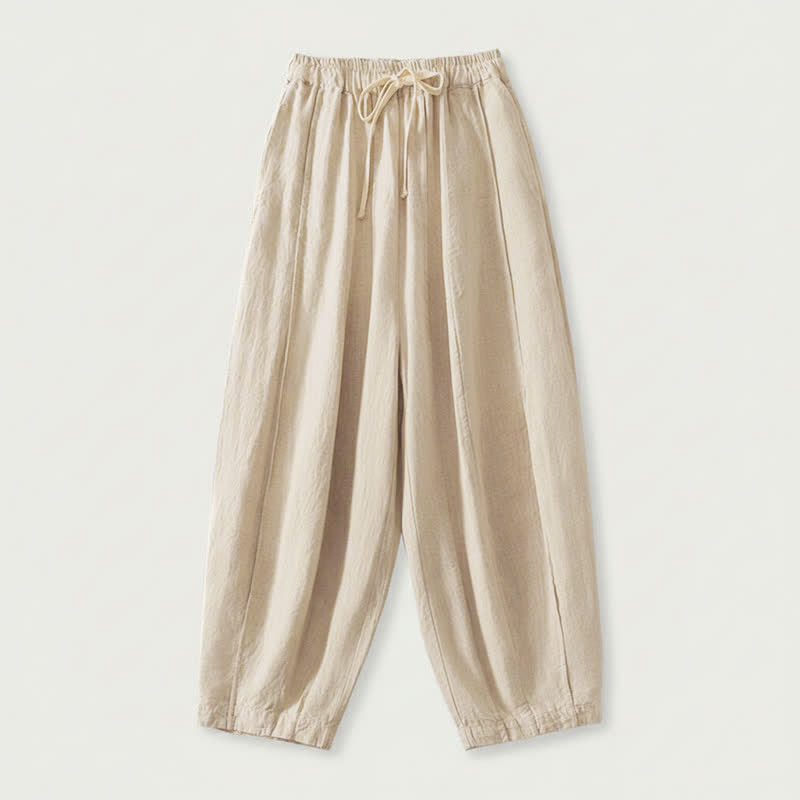 Buddha Stones Pantalon sarouel court d'été décontracté et simple à cordon de serrage, en coton et lin uni, avec poches - Beige - US8-10, UK/AU12-14, EU40-42 (2XL) - image 0
