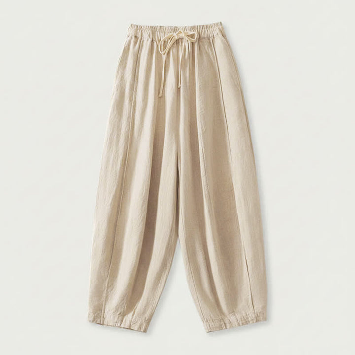 Buddha Stones Pantalon sarouel court d'été décontracté et simple à cordon de serrage, en coton et lin uni, avec poches - Beige - US8-10, UK/AU12-14, EU40-42 (2XL) - image 0