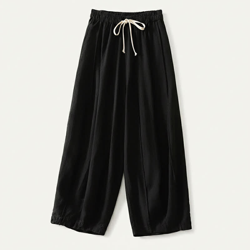 Buddha Stones Pantalon sarouel court d'été décontracté et simple à cordon de serrage, en coton et lin uni, avec poches - Noir - US8-10, UK/AU12-14, EU40-42 (2XL) - image 7