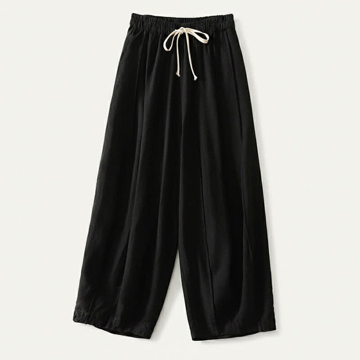 Buddha Stones Pantalon sarouel court d'été décontracté et simple à cordon de serrage, en coton et lin uni, avec poches - Noir - US8-10, UK/AU12-14, EU40-42 (2XL) - image 7