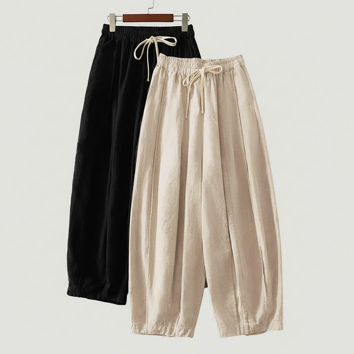 Buddha Stones Pantalon sarouel court d'été décontracté et simple à cordon de serrage, en coton et lin uni, avec poches - image 11
