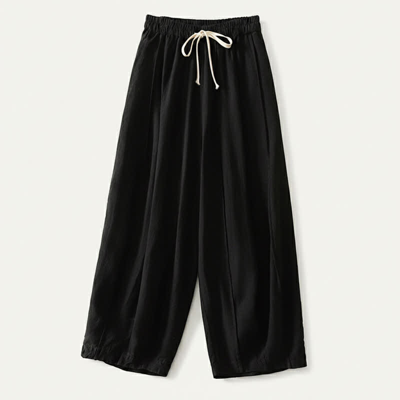 Buddha Stones Pantalon sarouel court d'été décontracté et simple à cordon de serrage, en coton et lin uni, avec poches - Noir - US8-10, UK/AU12-14, EU40-42 (2XL) - image 7