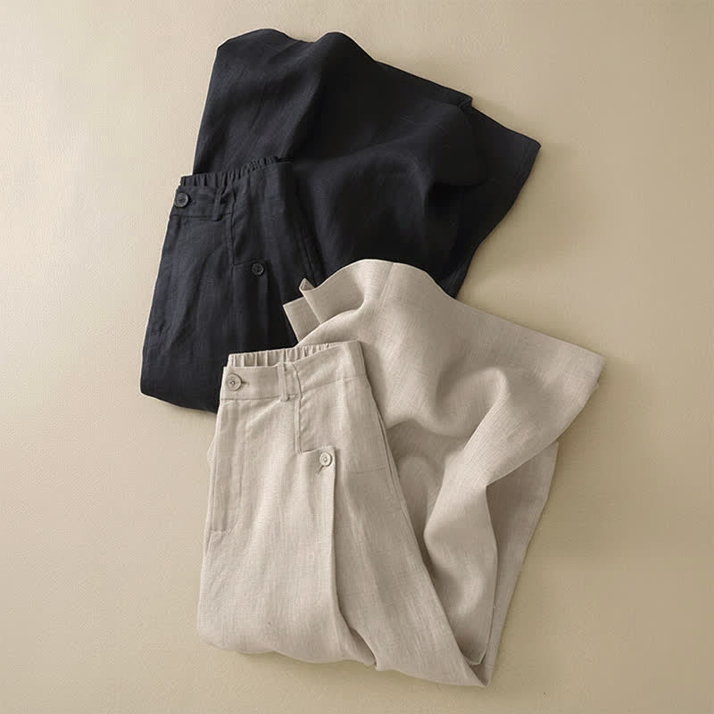 Pantalon d'été Buddha Stones et élégant en coton ramie uni, coupe 7/8, avec poches, à boutons. - image 11