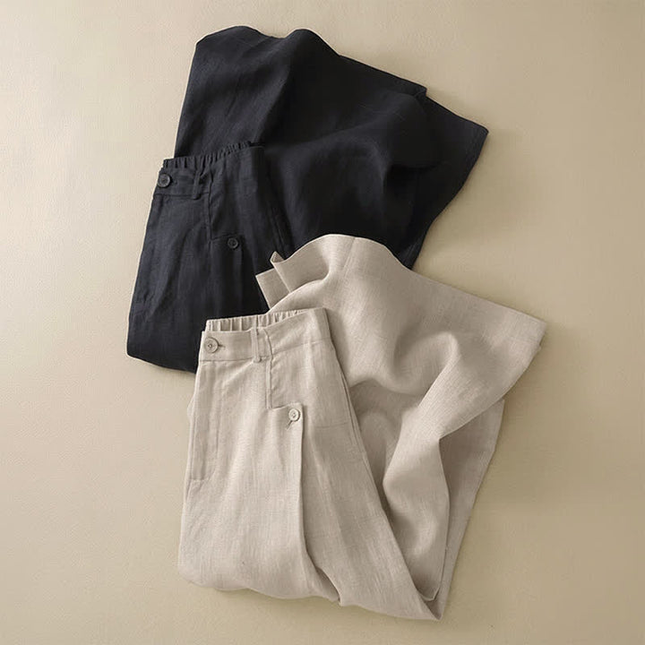 Pantalon d'été Buddha Stones et élégant en coton ramie uni, coupe 7/8, avec poches, à boutons. - image 11