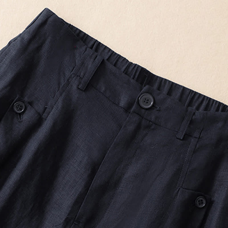 Pantalon d'été Buddha Stones et élégant en coton ramie uni, coupe 7/8, avec poches, à boutons. - image 8