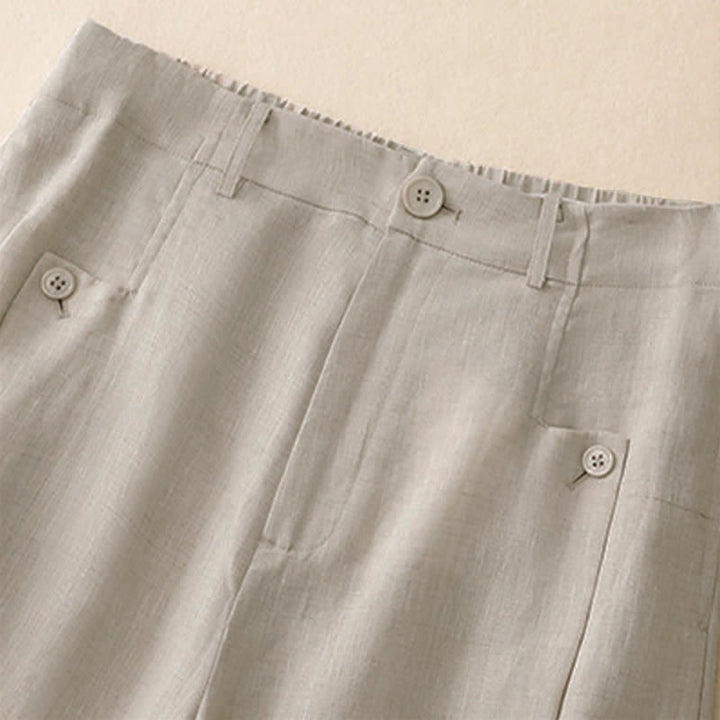 Pantalon d'été Buddha Stones et élégant en coton ramie uni, coupe 7/8, avec poches, à boutons. - image 2