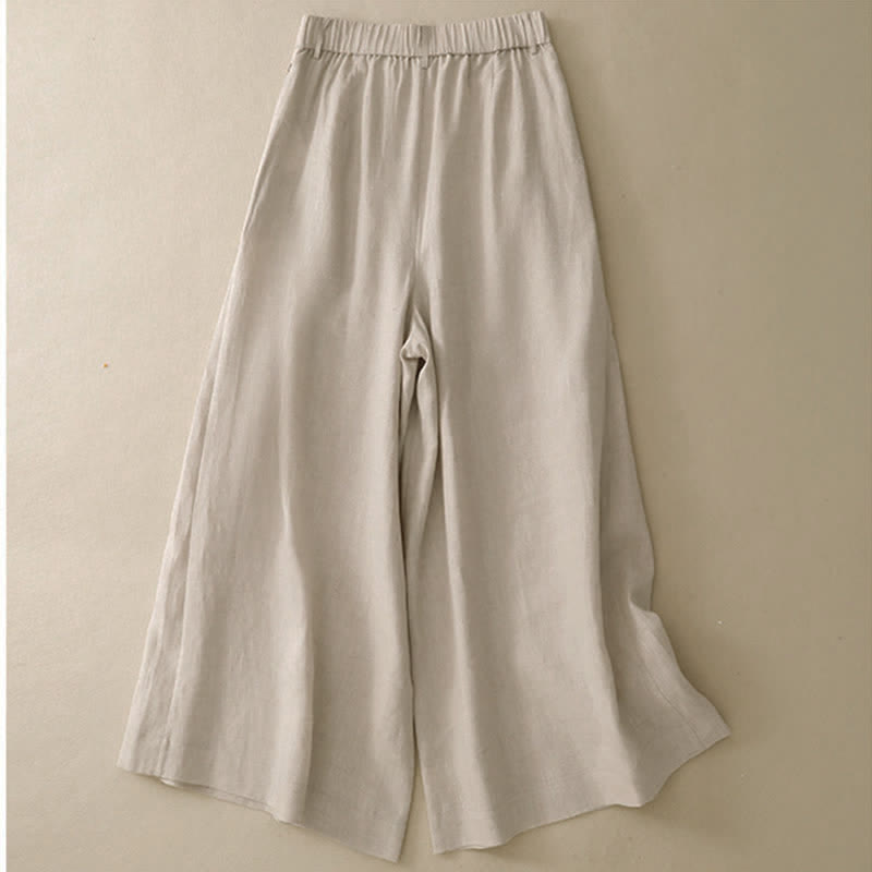 Pantalon d'été Buddha Stones et élégant en coton ramie uni, coupe 7/8, avec poches, à boutons. - image 1