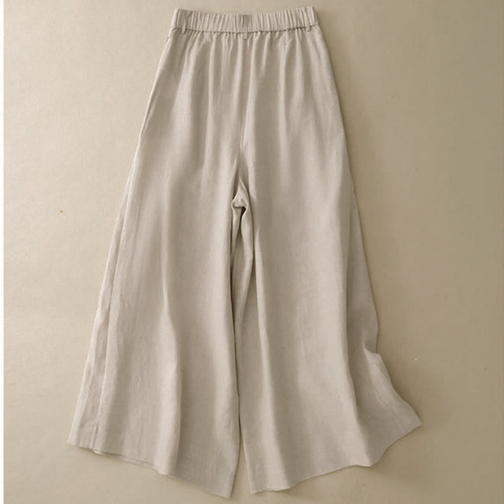 Pantalon d'été Buddha Stones et élégant en coton ramie uni, coupe 7/8, avec poches, à boutons. - image 1