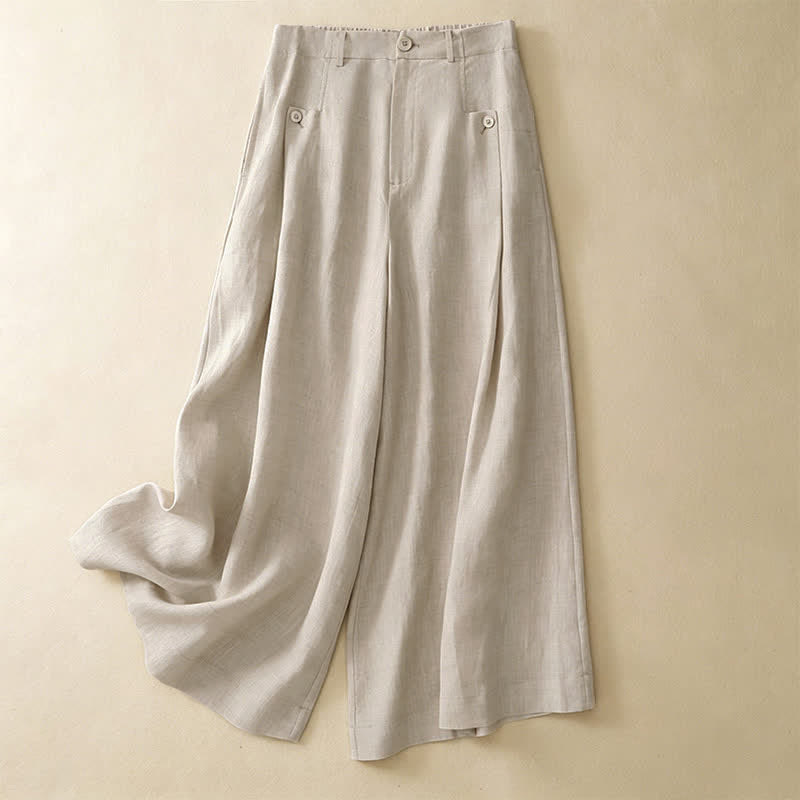 Pantalon d'été Buddha Stones et élégant en coton ramie uni, coupe 7/8, avec poches, à boutons. - Beige - US8-10, UK/AU12-14, EU40-42 (2XL) - image 0