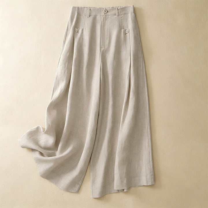 Pantalon d'été Buddha Stones et élégant en coton ramie uni, coupe 7/8, avec poches, à boutons. - Beige - US8-10, UK/AU12-14, EU40-42 (2XL) - image 0