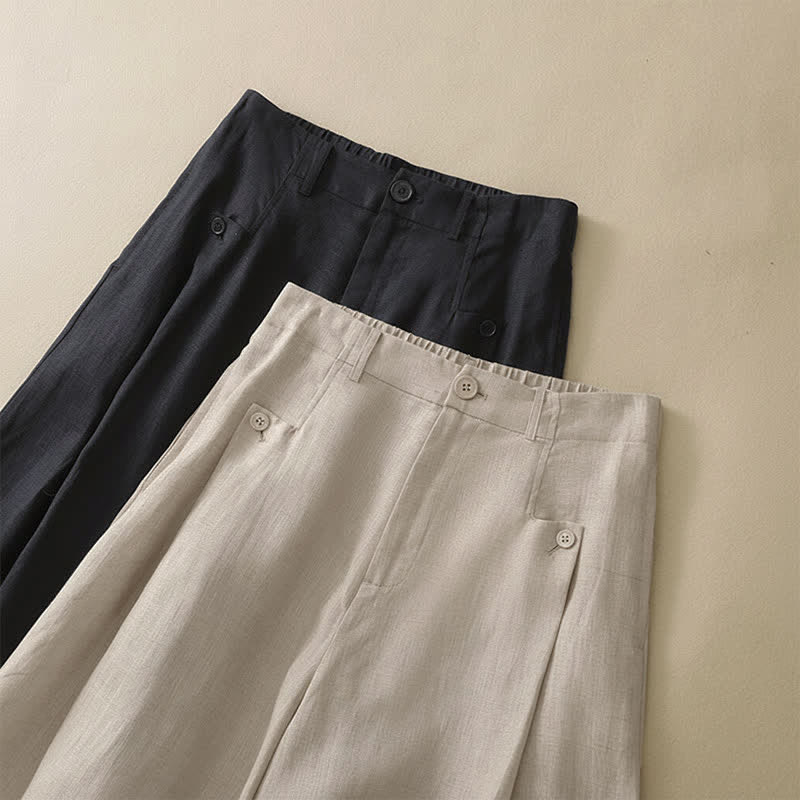 Pantalon d'été Buddha Stones et élégant en coton ramie uni, coupe 7/8, avec poches, à boutons. - image 12