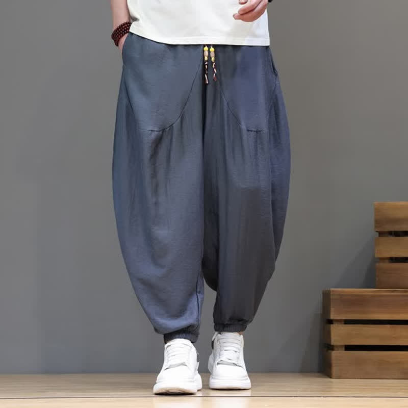 Buddha Stones Pantalon harem d'été décontracté vintage en coton uni, coupe courte, avec cordon de serrage et poches. - Gris ardoise - US/UK/AU46, EU56 (5XL) - image 0