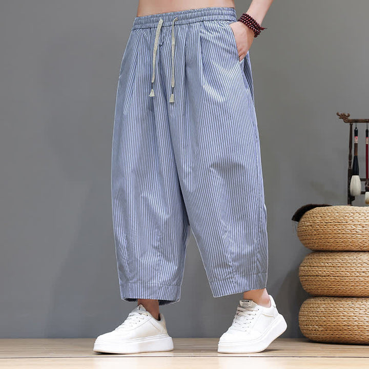 Pantalon Capri rayé à cordon de serrage Buddha Stones , style sarouel, avec poches, idéal pour l'été. - AliceBlue - US/UK/AU46, EU56 (5XL) - image 10