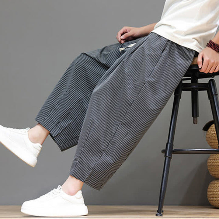 Pantalon Capri rayé à cordon de serrage Buddha Stones , style sarouel, avec poches, idéal pour l'été. - Gris - US/UK/AU46, EU56 (5XL) - image 33