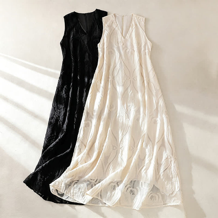 Buddha Stones Robe d'été sans manches pour femme, coupe élégante, décontractée et minimaliste, col en V, poches - image 17