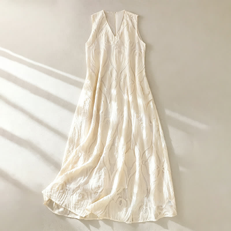 Buddha Stones Robe d'été sans manches pour femme, coupe élégante, décontractée et minimaliste, col en V, poches - Beige - US12，UK/AU16，EU44 (2XL) - image 0