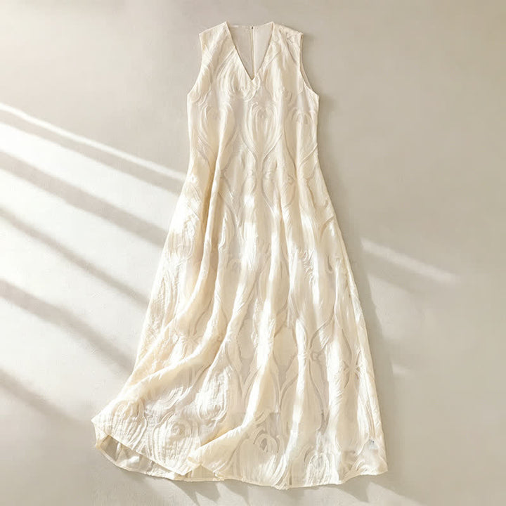 Buddha Stones Robe d'été sans manches pour femme, coupe élégante, décontractée et minimaliste, col en V, poches - Beige - US8-10, UK/AU12-14, EU40-42 (2XL) - image 0