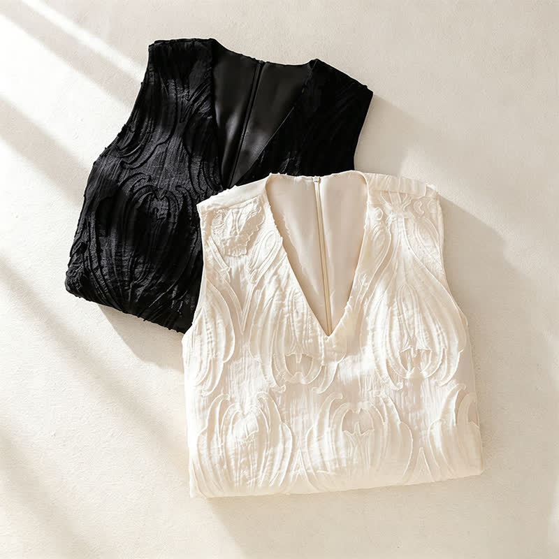 Buddha Stones Robe d'été sans manches pour femme, coupe élégante, décontractée et minimaliste, col en V, poches - image 18