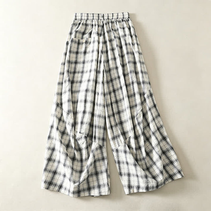 Buddha Stones Pantalon long à carreaux décontracté d'été pour femme, coupe fuselée, avec poches - image 1