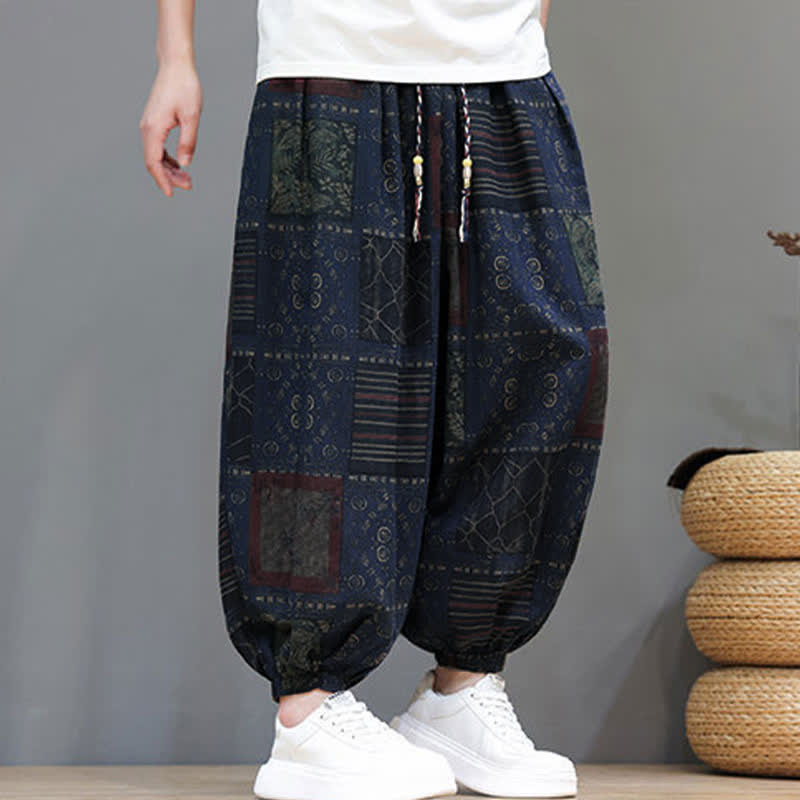 Buddha Stones Pantalon sarouel d'été bohème décontracté à cordon de serrage et à motifs géométriques courts, avec poches. - image 1