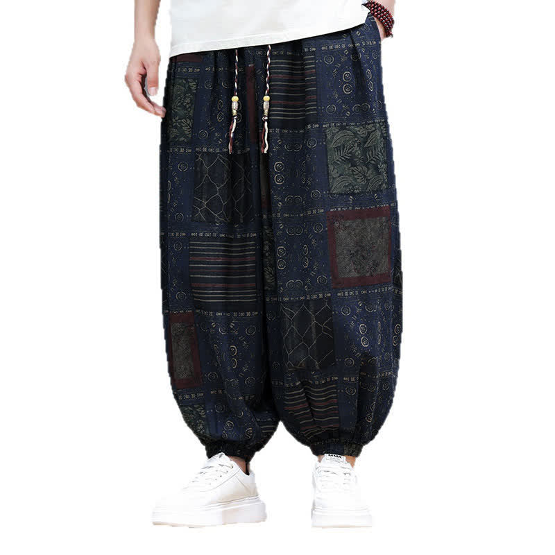 Buddha Stones Pantalon sarouel d'été bohème décontracté à cordon de serrage et à motifs géométriques courts, avec poches. - image 4