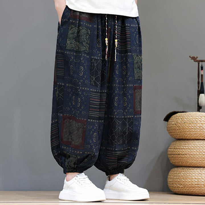 Buddha Stones Pantalon sarouel d'été bohème décontracté à cordon de serrage et à motifs géométriques courts, avec poches. - image 3