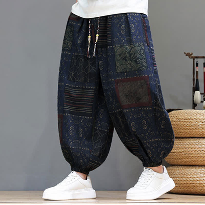 Buddha Stones Pantalon sarouel d'été bohème décontracté à cordon de serrage et à motifs géométriques courts, avec poches. - Bleu nuit - US/UK/AU46, EU56 (5XL) - image 0