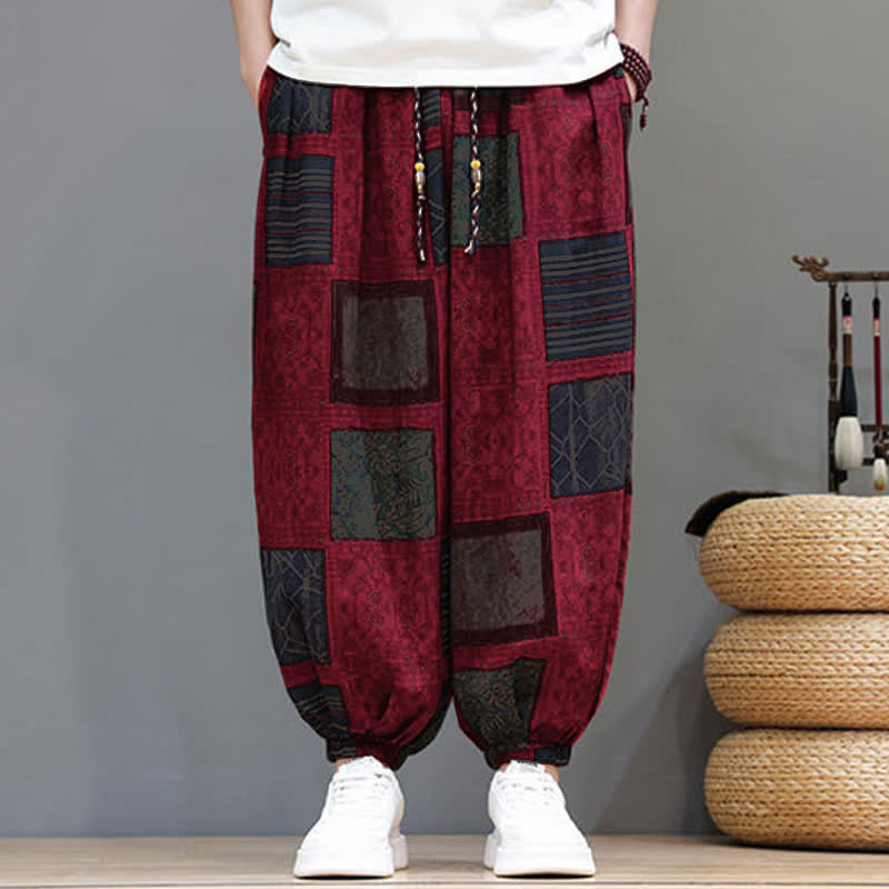 Buddha Stones Pantalon sarouel d'été bohème décontracté à cordon de serrage et à motifs géométriques courts, avec poches. - image 36