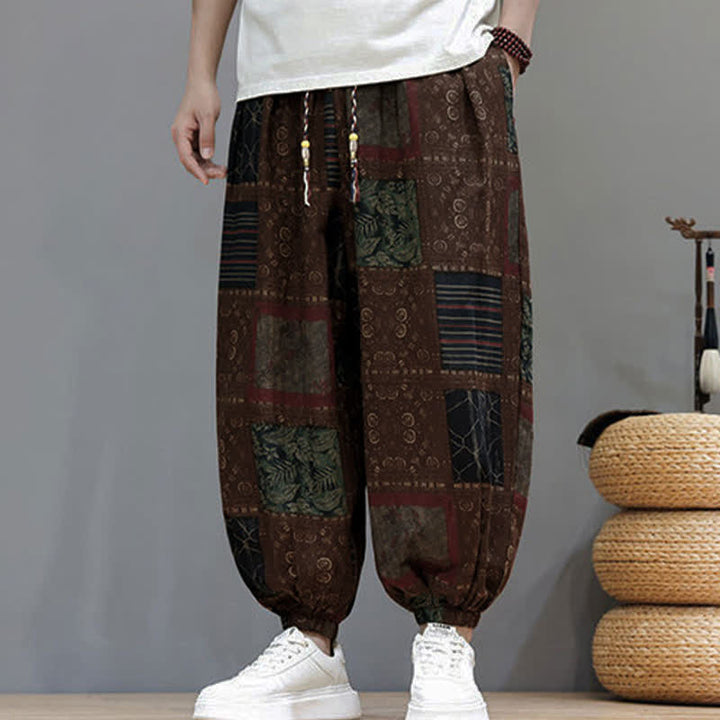 Buddha Stones Pantalon sarouel d'été bohème décontracté à cordon de serrage et à motifs géométriques courts, avec poches. - image 12