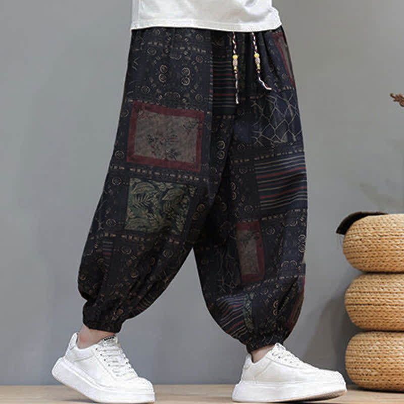 Buddha Stones Pantalon sarouel d'été bohème décontracté à cordon de serrage et à motifs géométriques courts, avec poches. - image 47