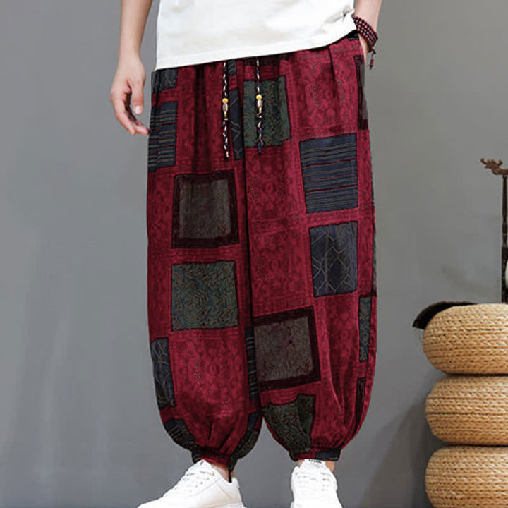 Buddha Stones Pantalon sarouel d'été bohème décontracté à cordon de serrage et à motifs géométriques courts, avec poches. - image 33