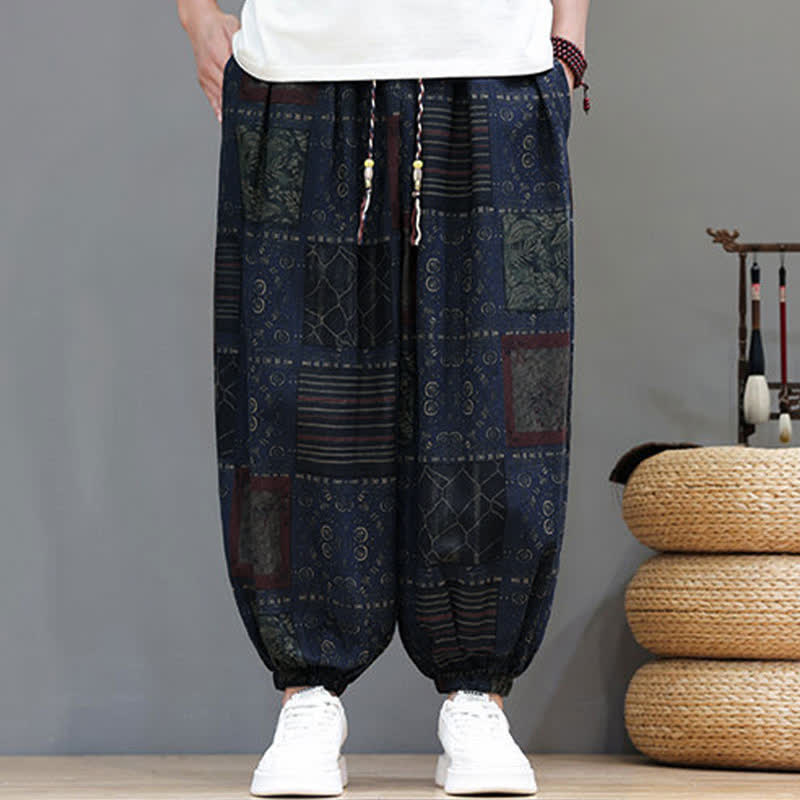 Buddha Stones Pantalon sarouel d'été bohème décontracté à cordon de serrage et à motifs géométriques courts, avec poches. - image 45
