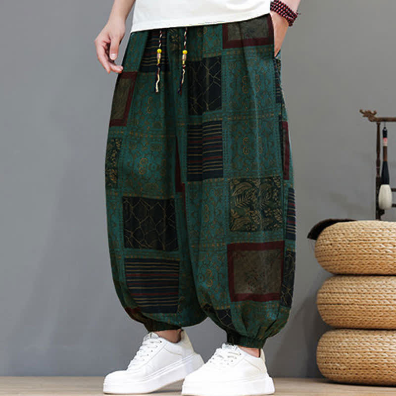 Buddha Stones Pantalon sarouel d'été bohème décontracté à cordon de serrage et à motifs géométriques courts, avec poches. - image 26