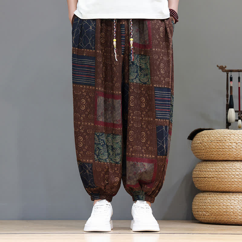 Buddha Stones Pantalon sarouel d'été bohème décontracté à cordon de serrage et à motifs géométriques courts, avec poches. - image 10